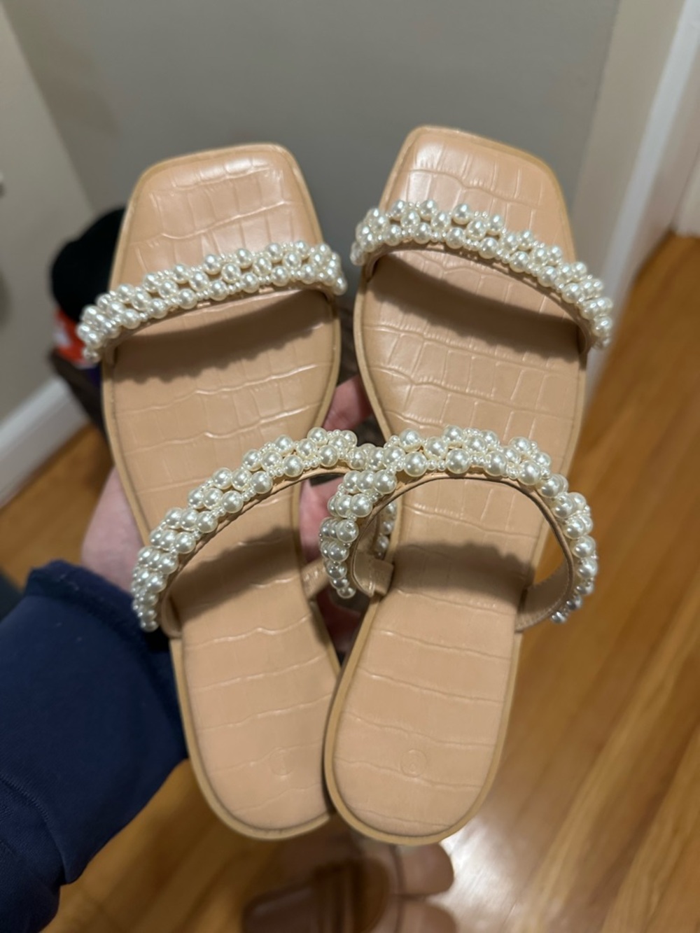 Pearl-Embellished Nude Slide Sandals